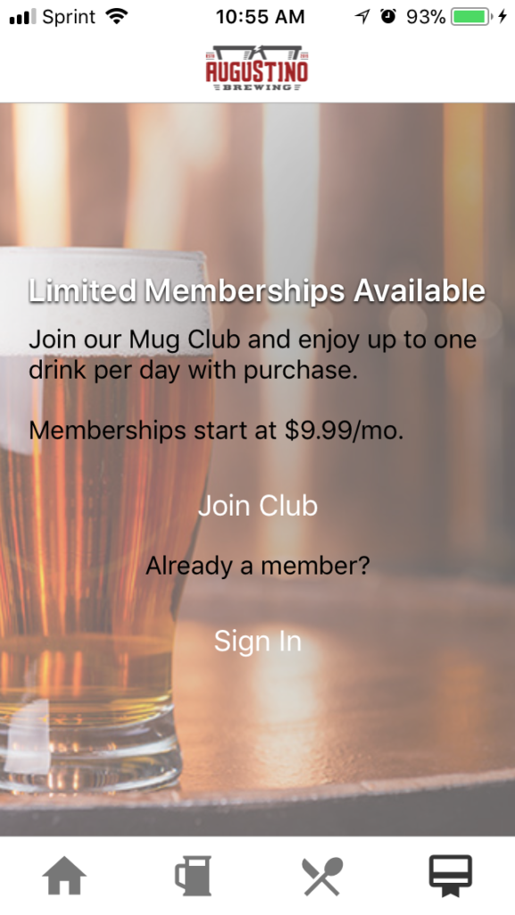 Augustino Brewing Ultimate Mug Club Signup Screen to Signup for Membership